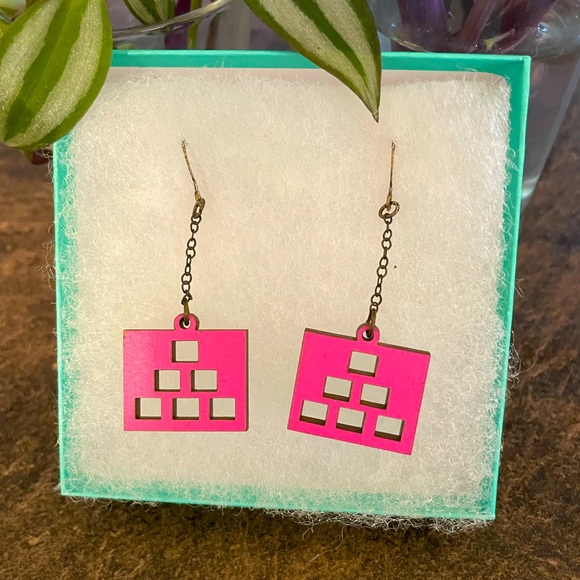 Reversible Pink Blue Wood Cutout Square Two Tone Earrings / Hand Painted / ๐๐ - Picture 3 of 4
